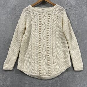 J Crew Sweater Womens Medium Cable Knit Ivory Wool Knit Fishermens Pullover
